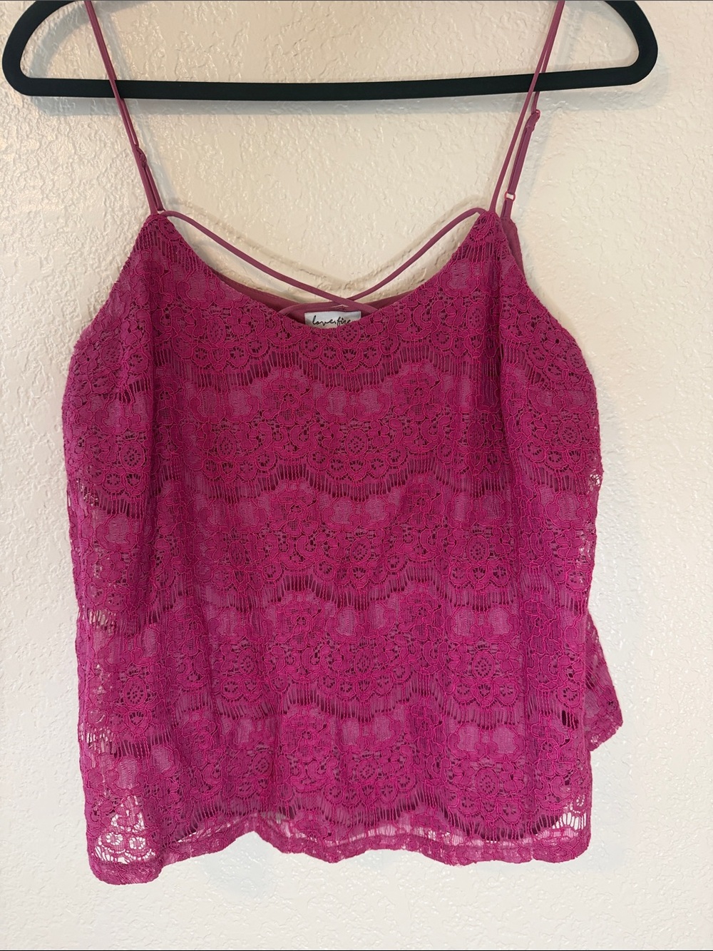 love, Fire fuchsia lace cami with crisscross front